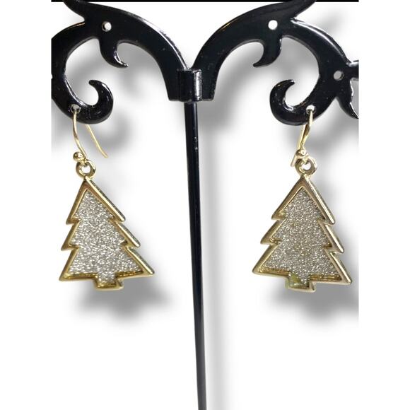 Goldtone Fishhook Earrings Christmas Tree Sparkle 1.5" Drop - Picture 1 of 6